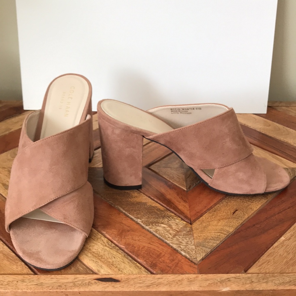 Suede mule sandals.